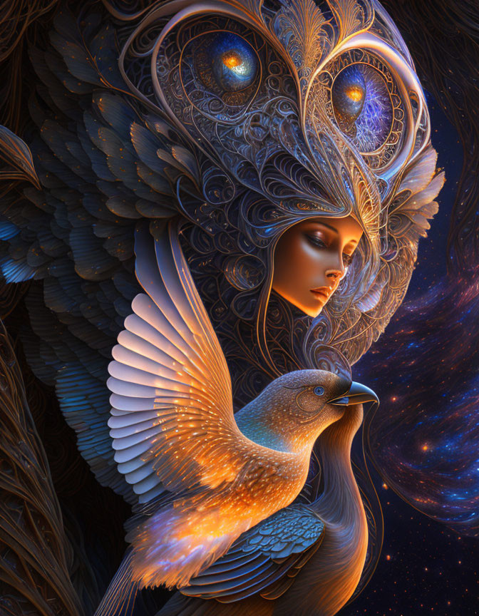 Detailed artwork: Woman's face in feathers with stylized bird on cosmic background