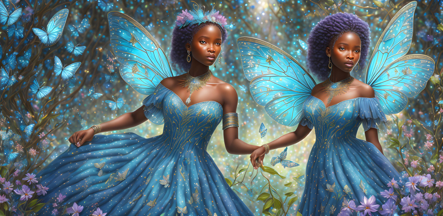 Ethereal fairy sisters in blue dresses amid magical glade