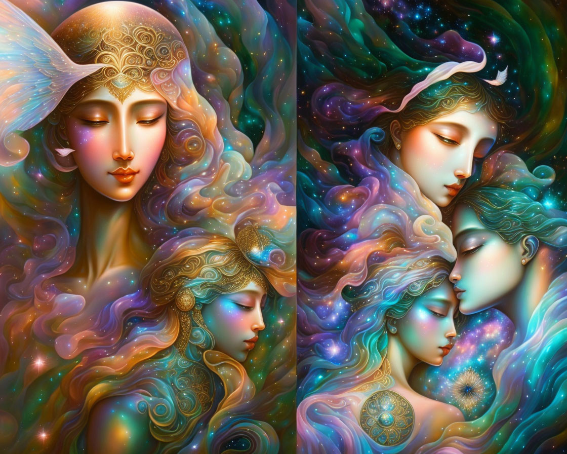 Digital Artwork: Four Ethereal Women with Cosmic Motifs