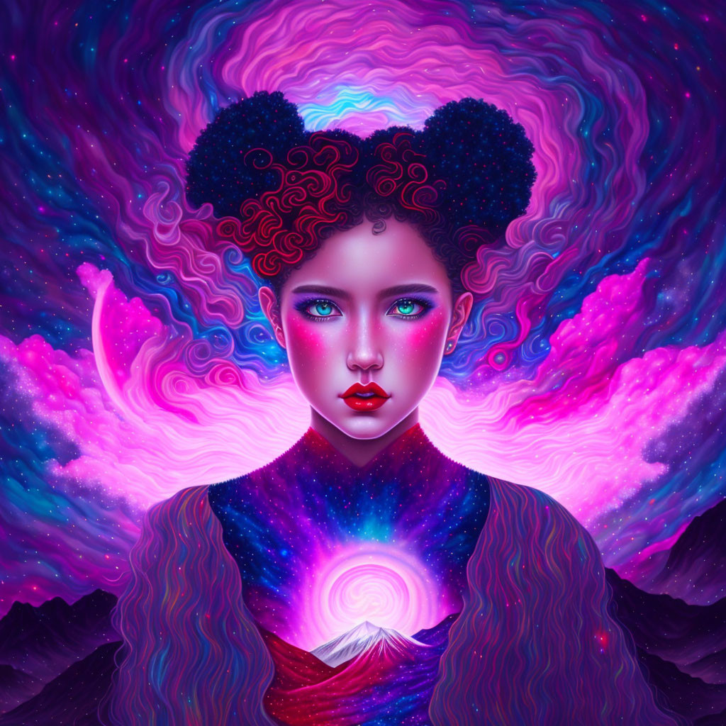 Purple-skinned female with galaxy-themed hair in cosmic portrait