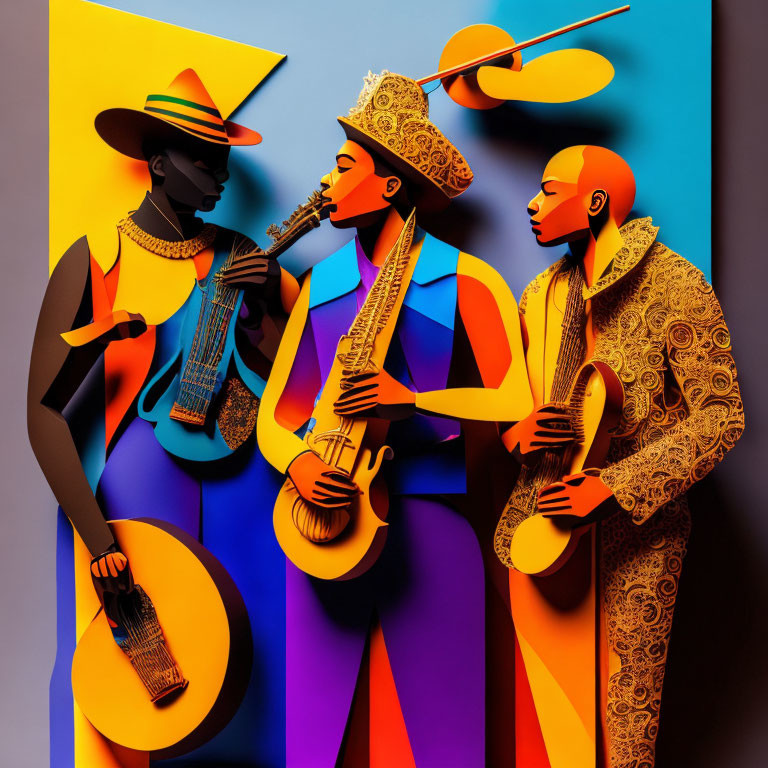 Colorful Stylized Figures Playing Musical Instruments in Vibrant Patterns