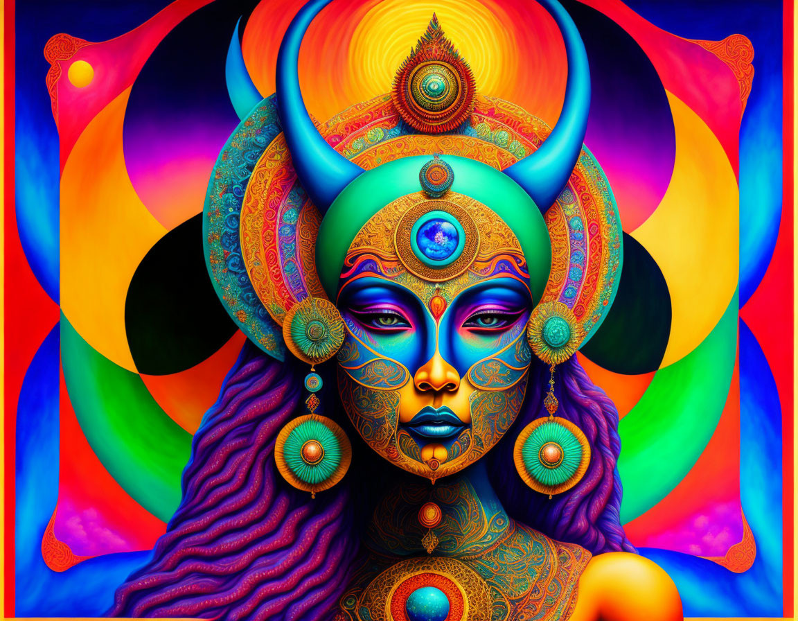 Colorful surreal portrait of a female figure with horns and intricate patterns