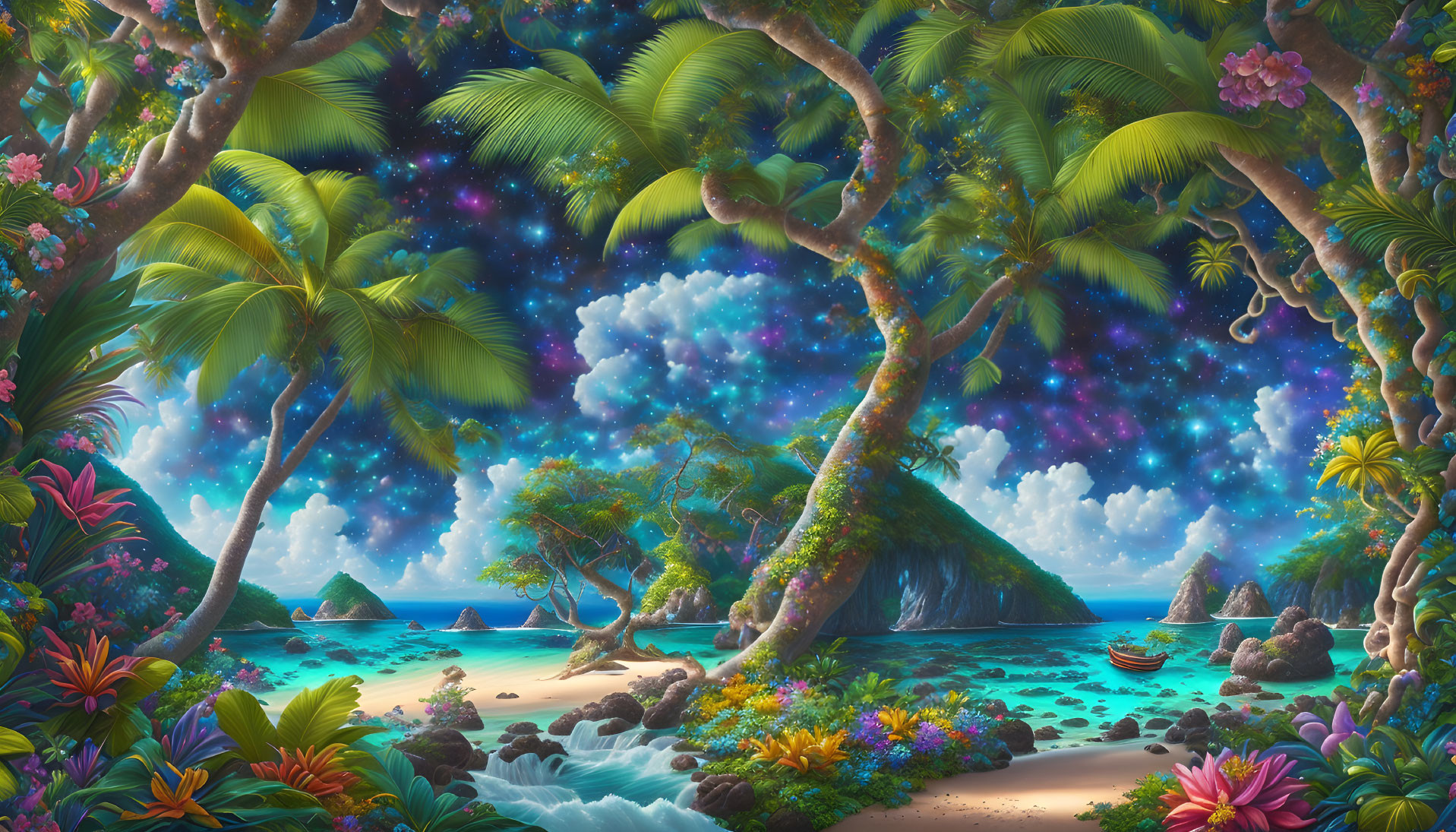 Colorful beach scene with lush greenery, vivid flowers, starry sky, and distant islands.