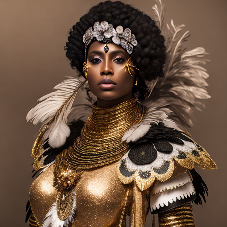 Elegant woman in golden costume with feathers and jewelry