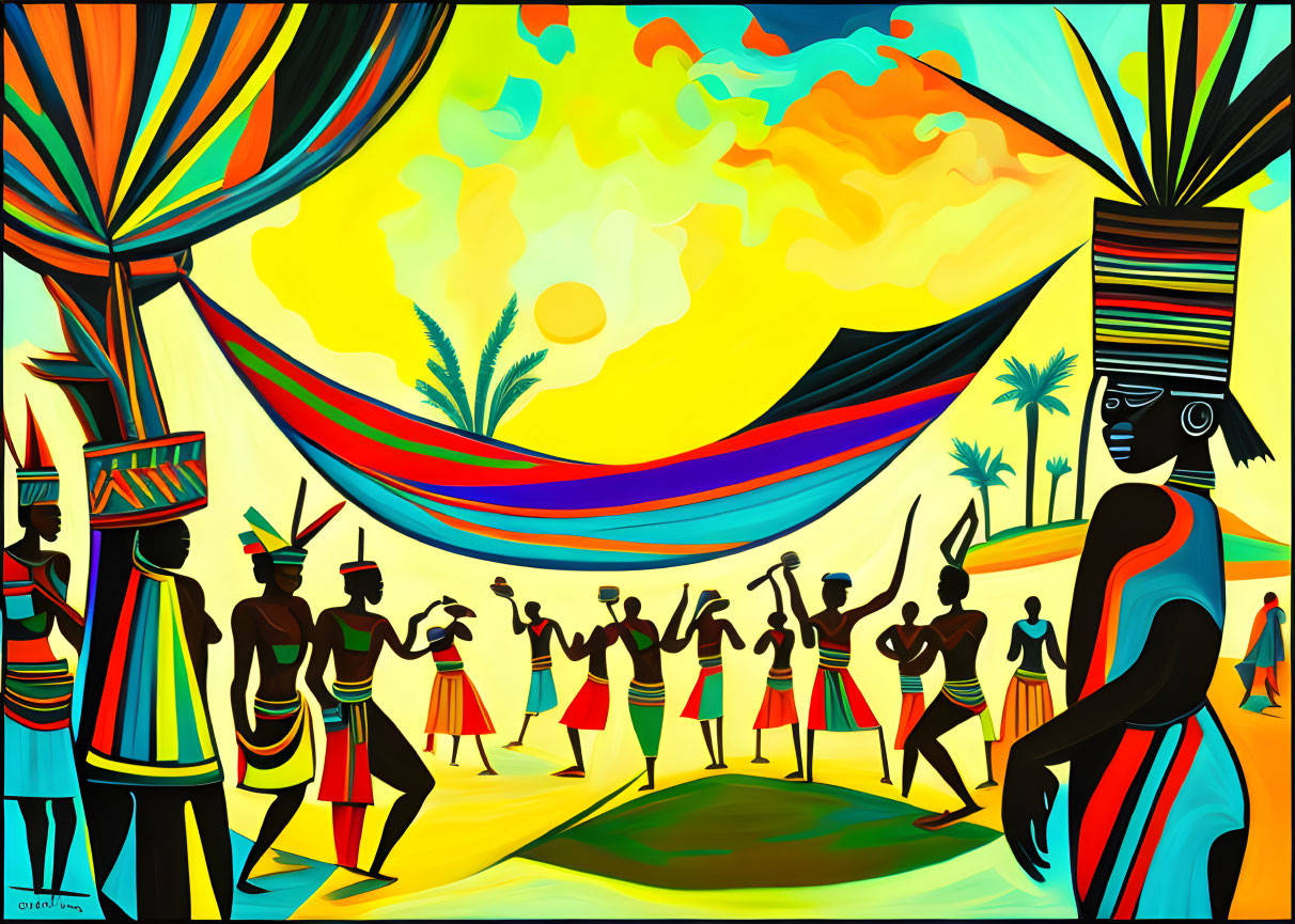 Colorful Artwork: Stylized Figures Dancing in Traditional Attire