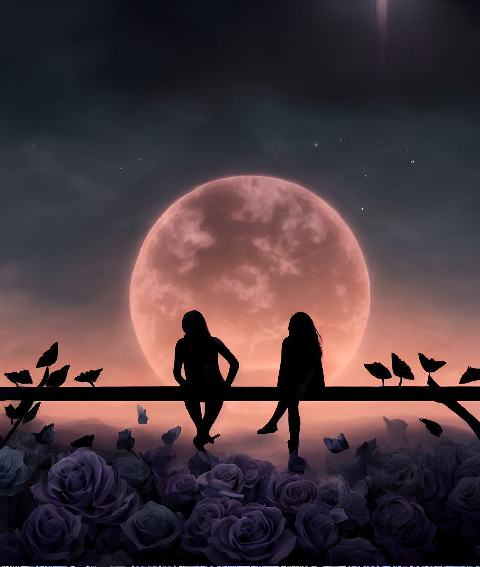 Silhouetted figures on fence under large reddish moon with birds and roses.