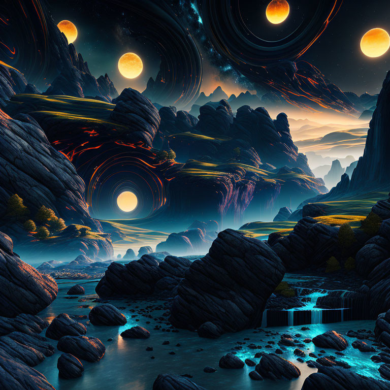 Fantastical landscape with cliffs, waterfall, glowing rivers, and multiple moons in starry sky.