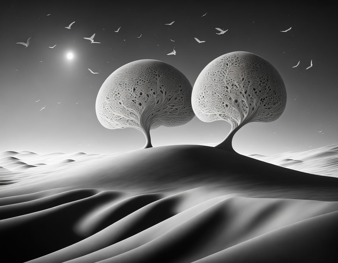 Stylized trees on sand dunes under moonlit sky with birds.