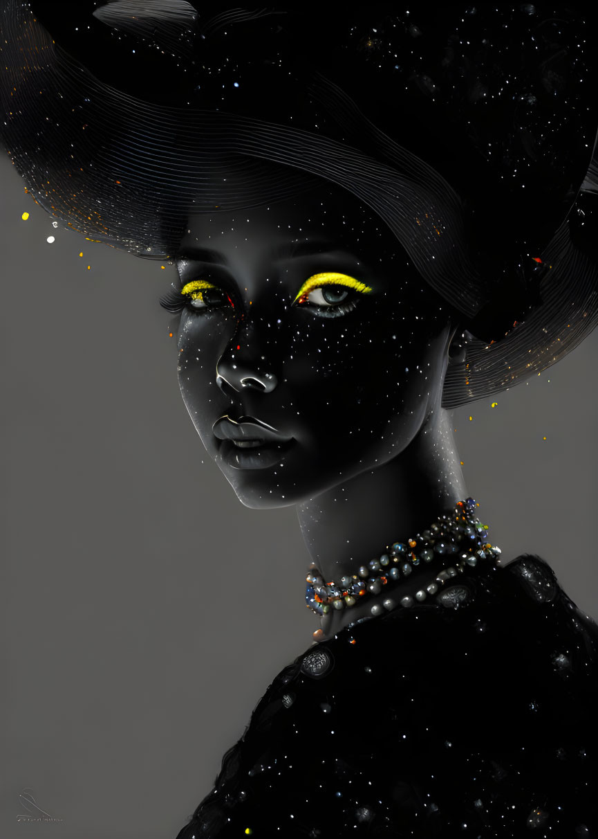 Portrait of a person with dark skin, star-speckled, yellow eyes, hat, and jewelry