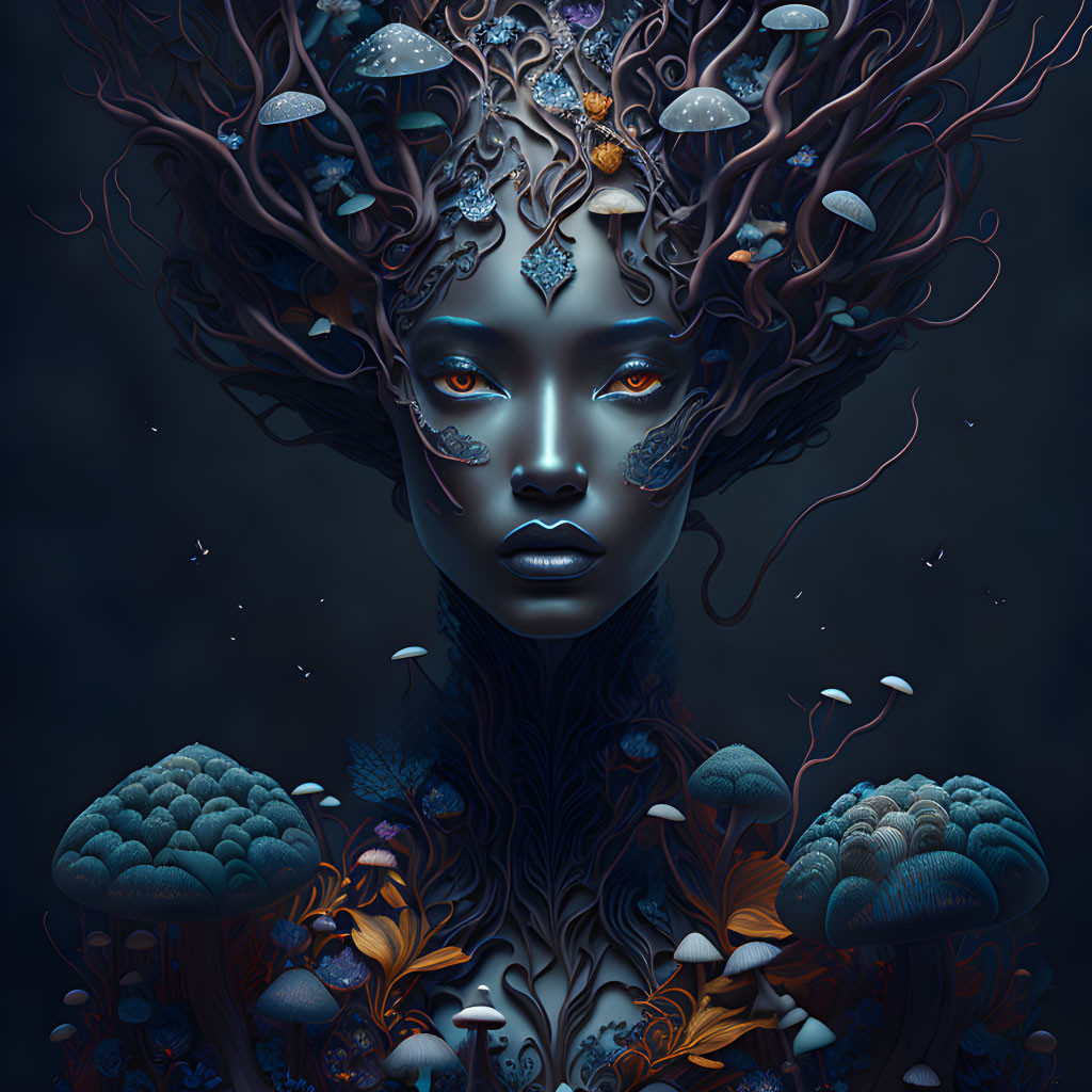 Surreal portrait of woman with blue skin and botanical growths