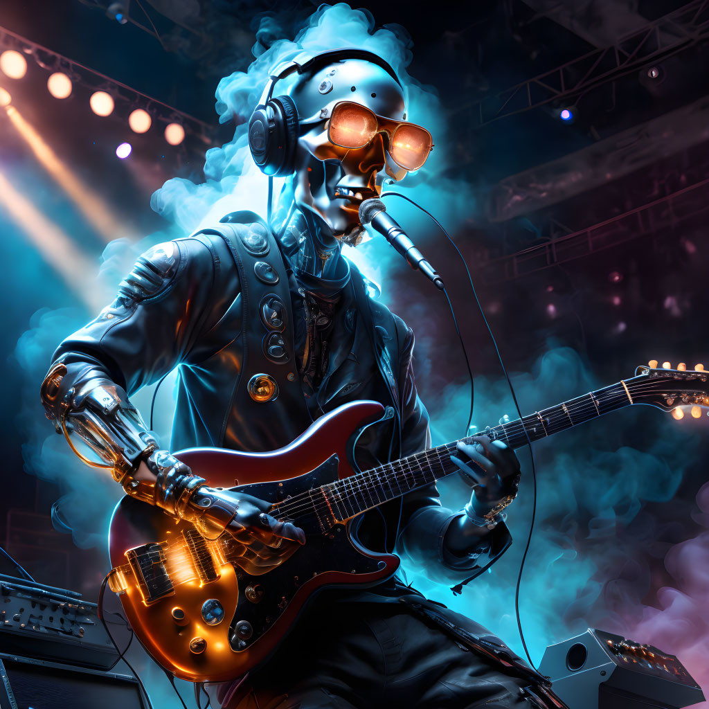 Robot playing electric guitar on stage with dynamic lighting and smoke effects