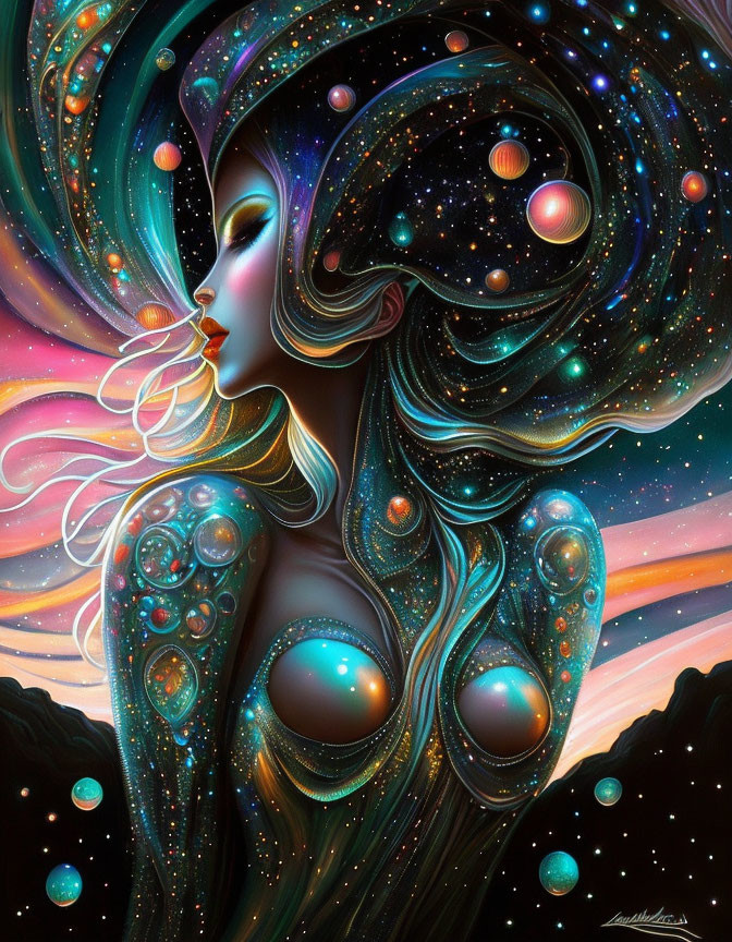 Stylized cosmic-themed woman with swirling galaxies and stars in hair