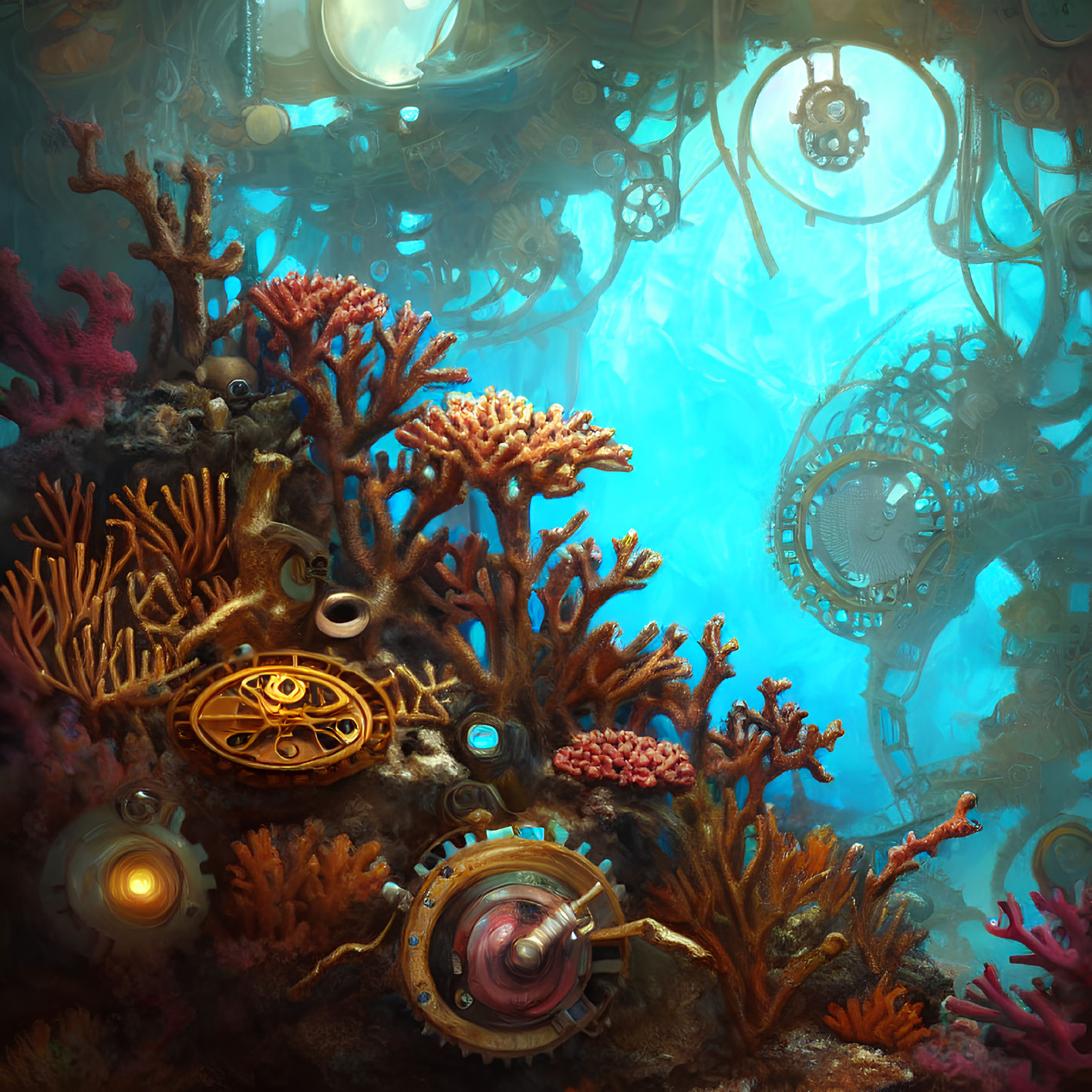 Steampunk-themed underwater scene with coral, gears, submarine, and glowing orbs