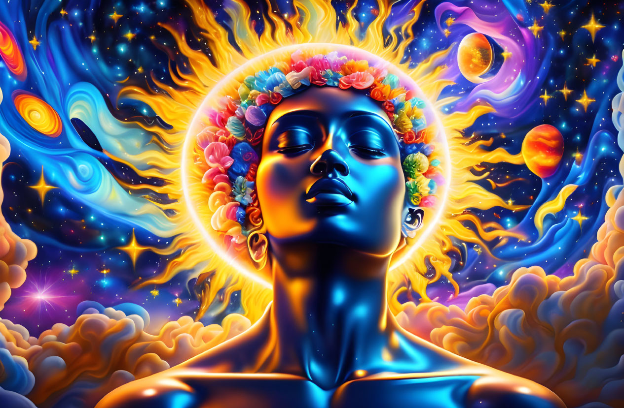 Digital artwork of serene woman with floral halo in cosmic setting