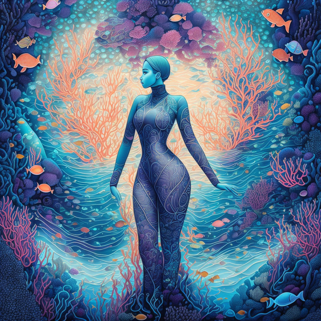 Illustration of woman blending with underwater scene and marine life in blue and pink hues