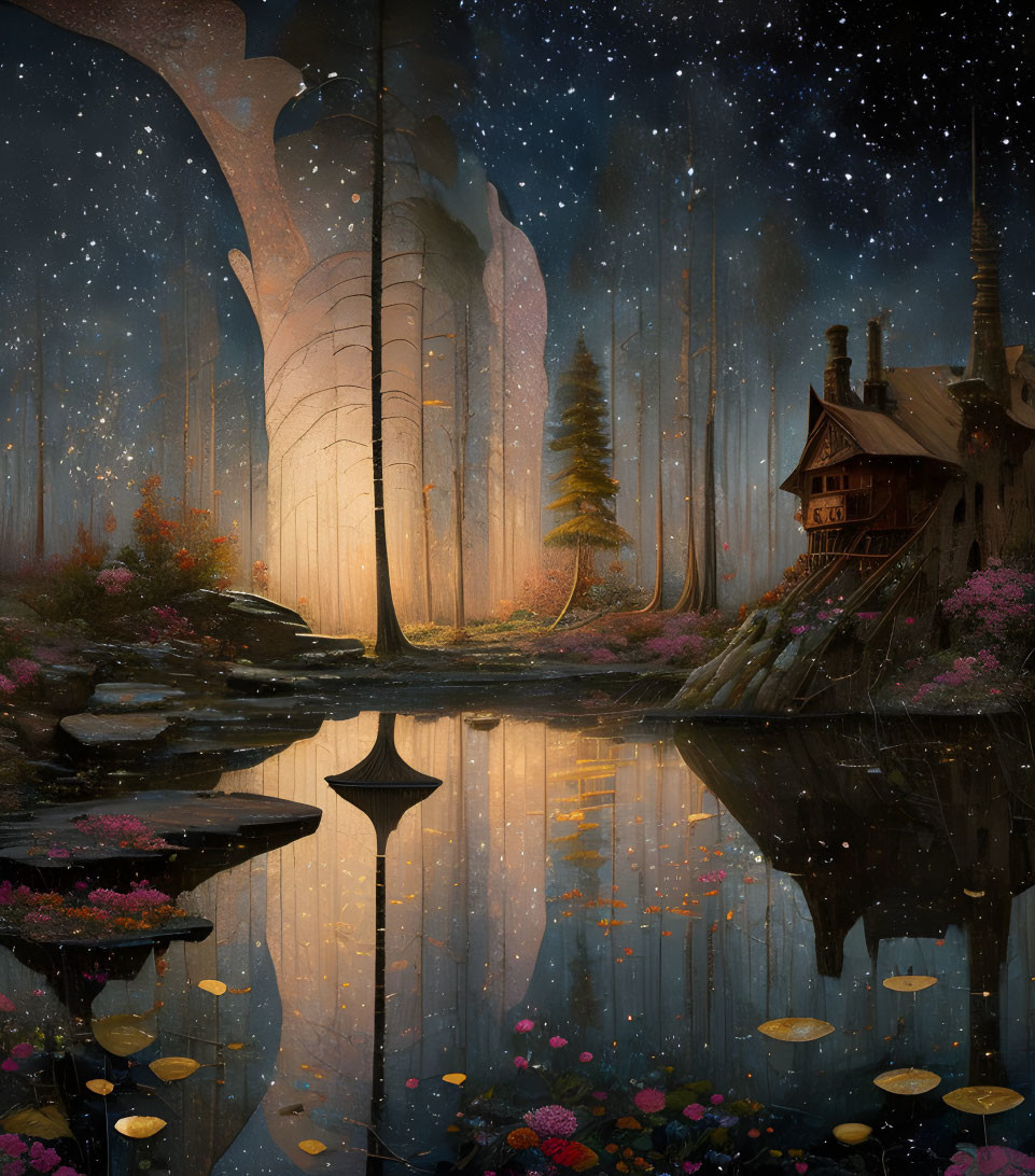 Mystical forest scene at dusk with starry sky, reflective lake, cozy cottage, and eth