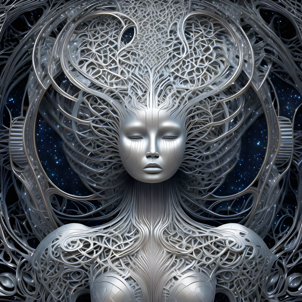 Digital Artwork: Humanoid Figure with Filigree Hair in Cosmic Background