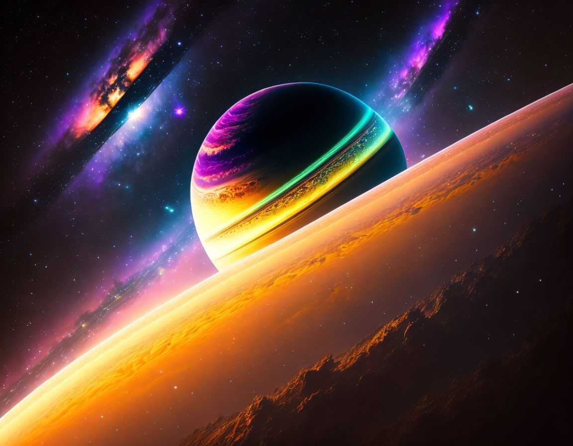 Colorful digital artwork: Large multicolored planet in space with nebulae horizon