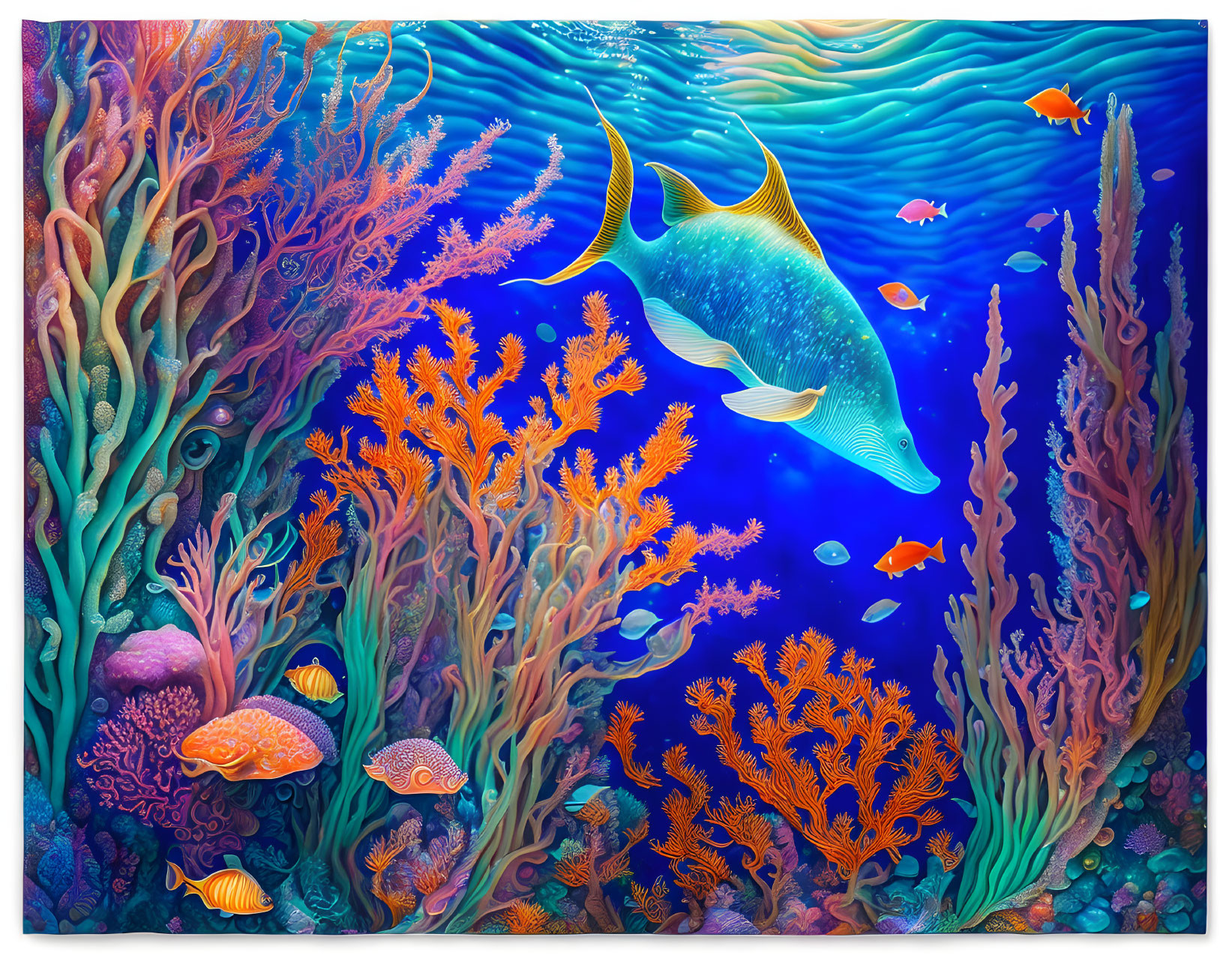 Colorful underwater scene with shark, coral formations, and fish.