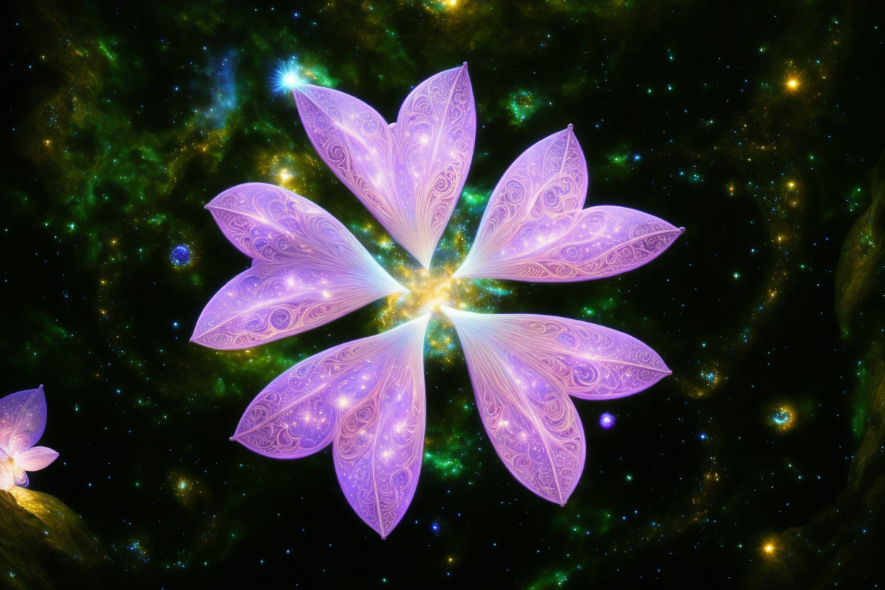 Intricate Purple Fractal Flower on Cosmic Starry Background