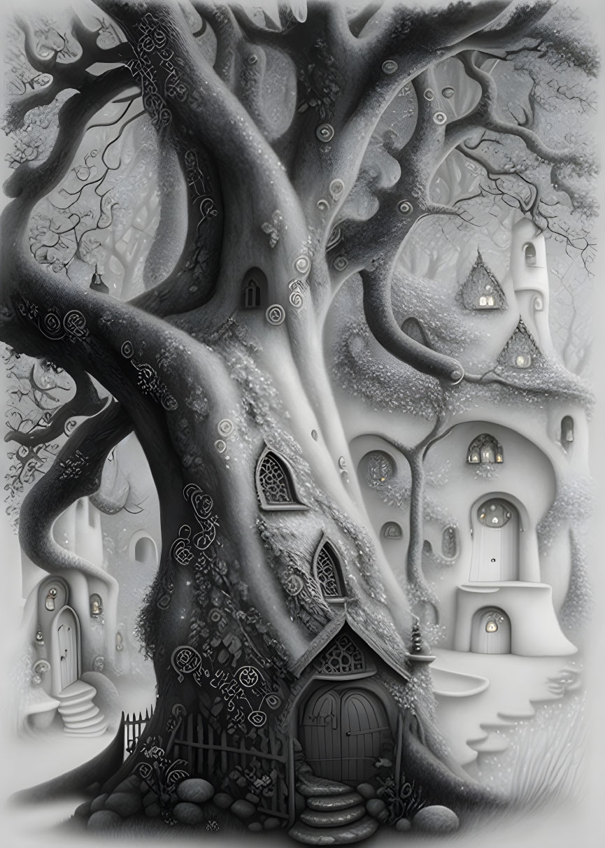 Monochromatic whimsical tree illustration with intricate homes in forest