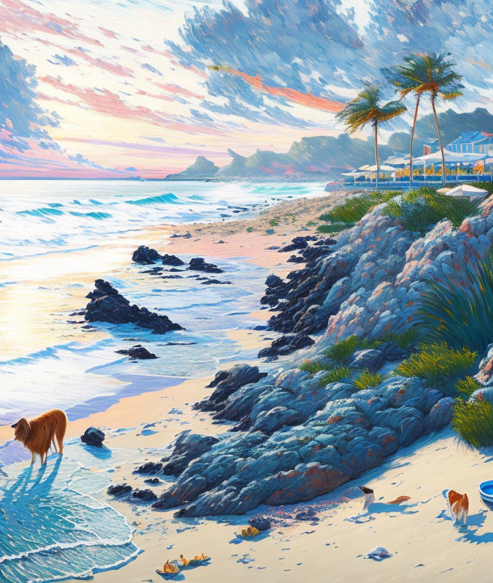 Beach sunset with palm trees, cats, rocky shoreline, vibrant sky & water reflections