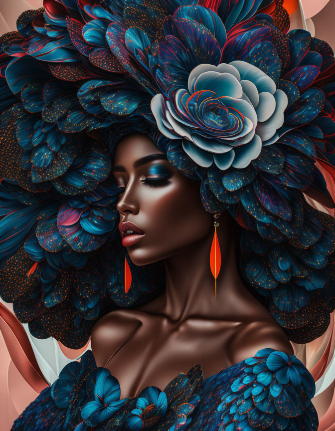 Dark-skinned woman in vibrant floral headdress and shoulder adornments