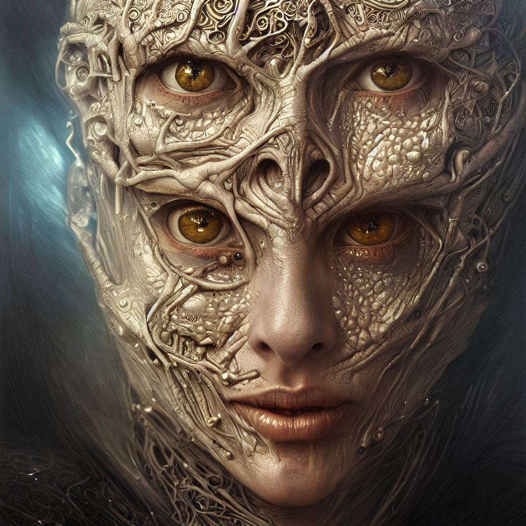 Close-Up of Person with Metallic Mask and Yellow Eyes