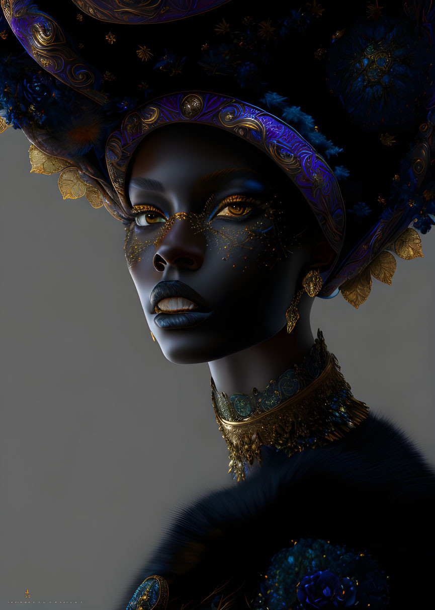 Elaborate golden and blue headgear on regal woman