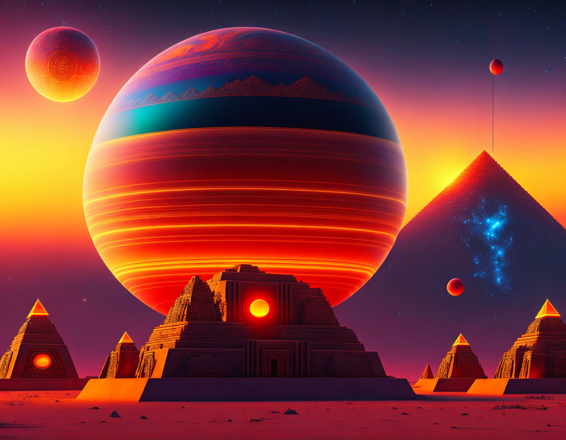 Surreal landscape featuring pyramids and ringed planet in red and orange hues