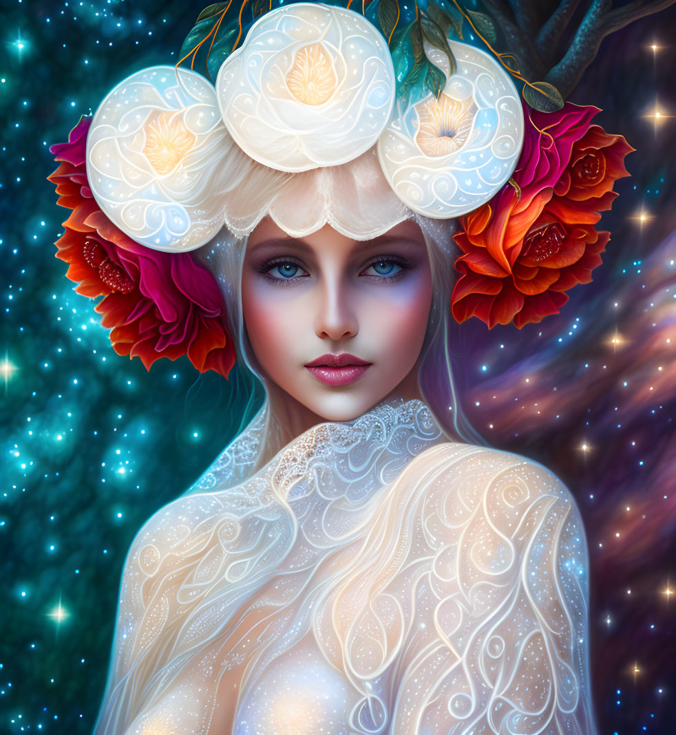 Fantastical depiction of woman with blue eyes, glowing flower crown, red blooms, starry backdrop