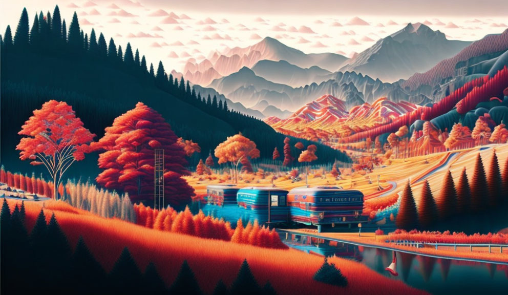 Colorful train illustration in vibrant landscape with orange foliage & mountains