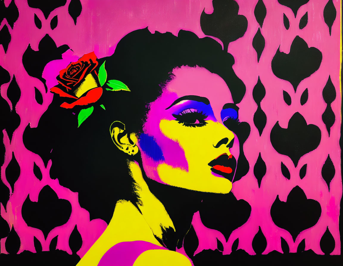 Colorful Pop Art Portrait of Woman with Fluorescent Colors on Pink Background