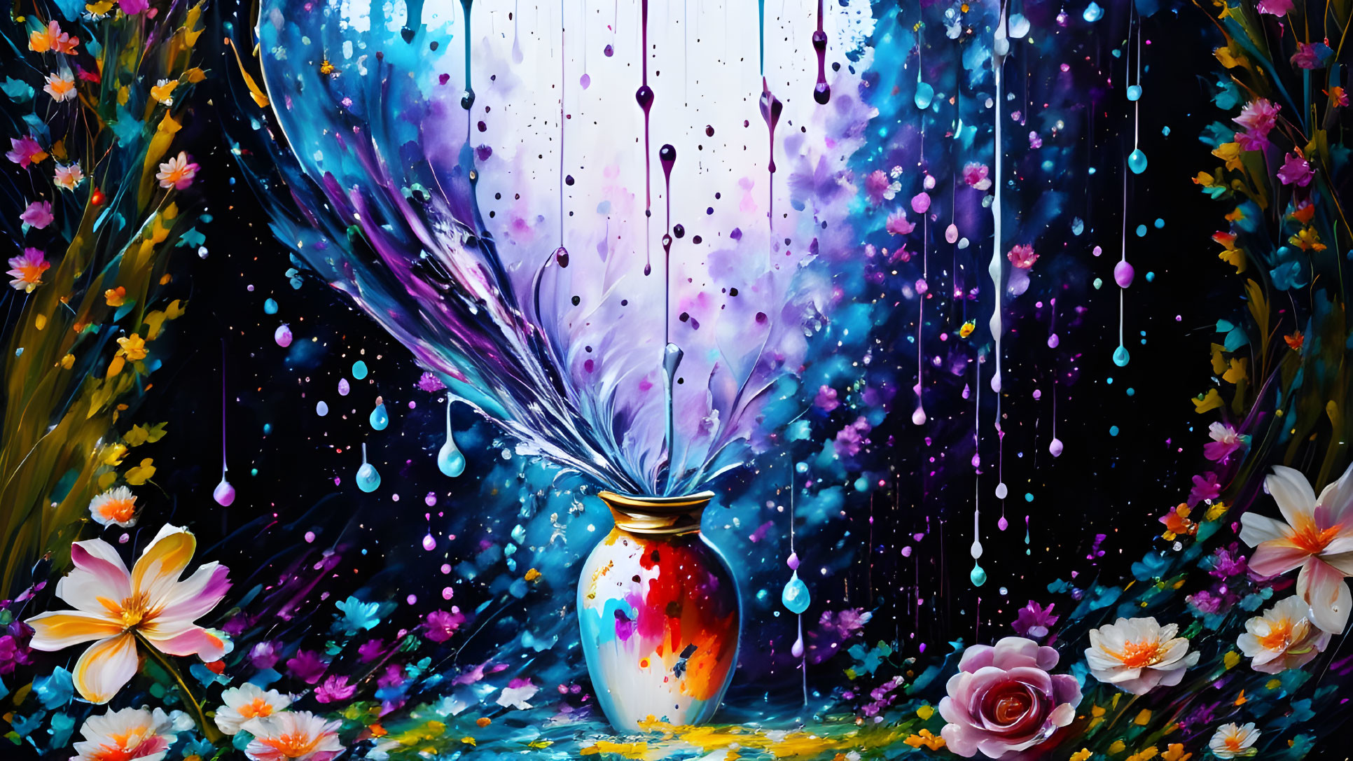 Colorful Paint and Flowers in Vase Against Dark Background