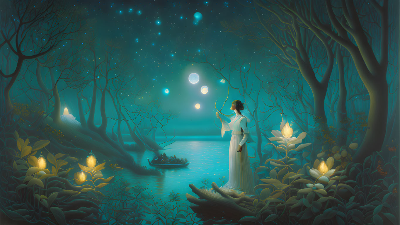 Woman in white standing in mystical forest with glowing flowers, starry sky, and floating boat.