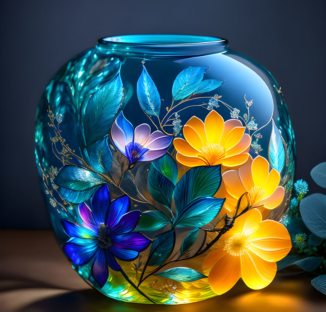 Colorful Floral Glass Vase Illuminated by Soft Light