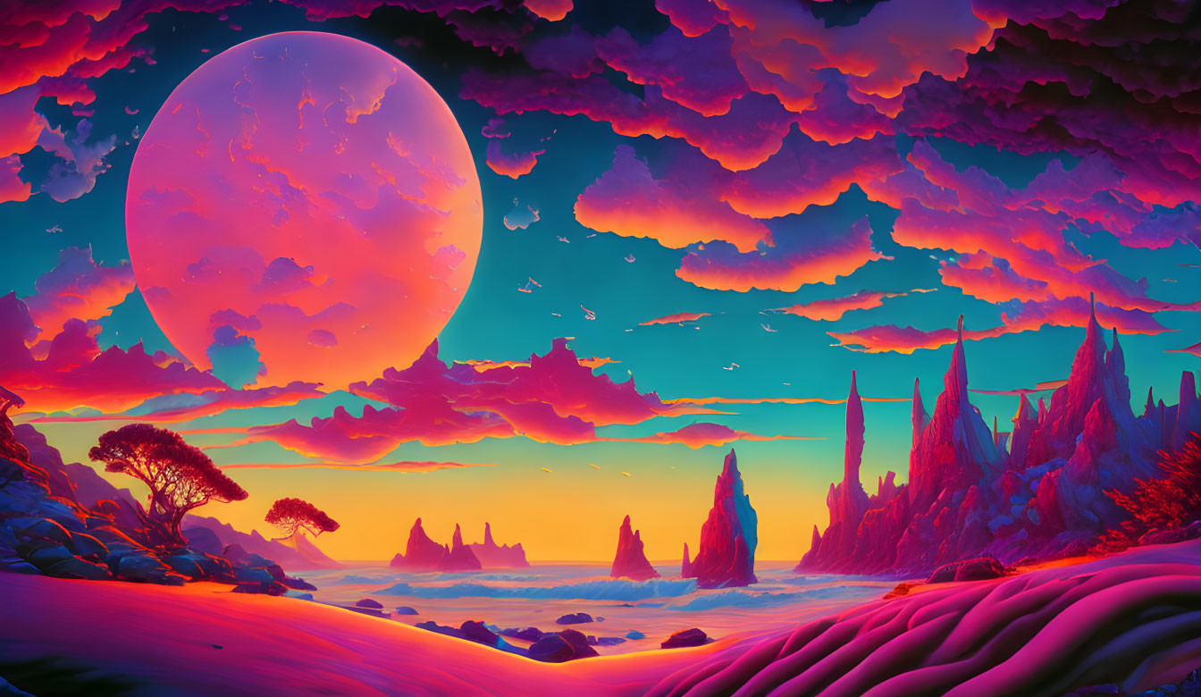 Colorful Alien Landscape with Pink Moon and Unique Rock Formations