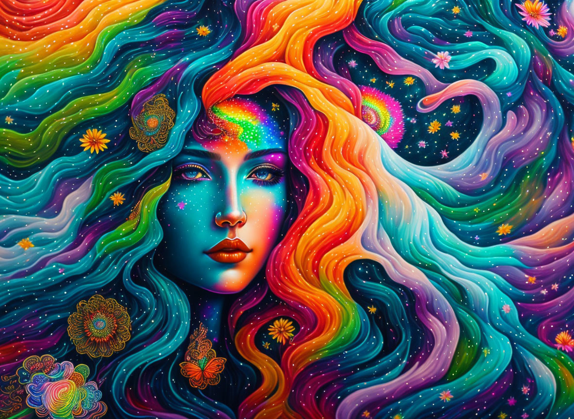 Colorful artwork: Woman with flowing hair in cosmic background