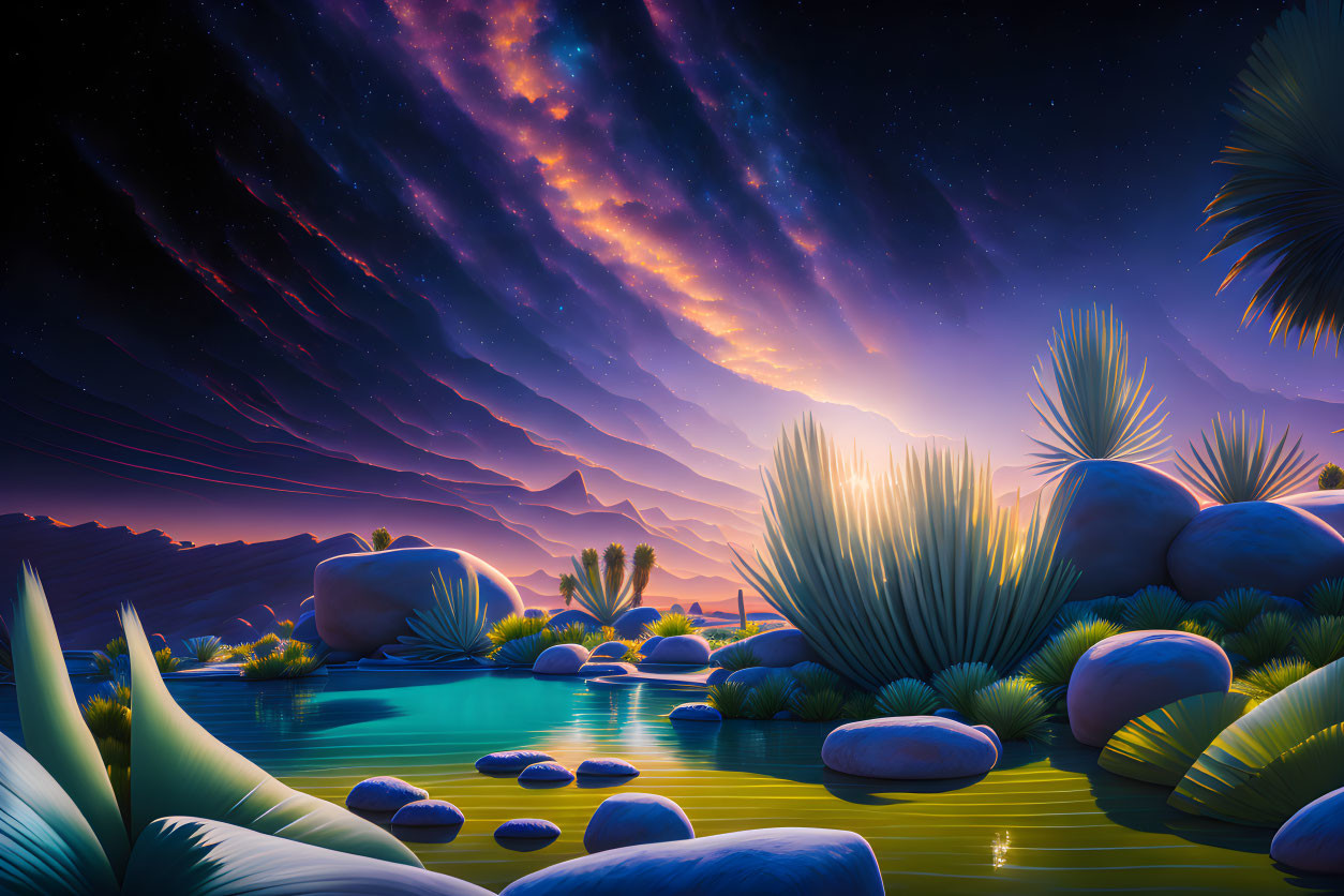 Tranquil twilight digital art landscape with vibrant sky, calm lake, stepping stones, lush flora,