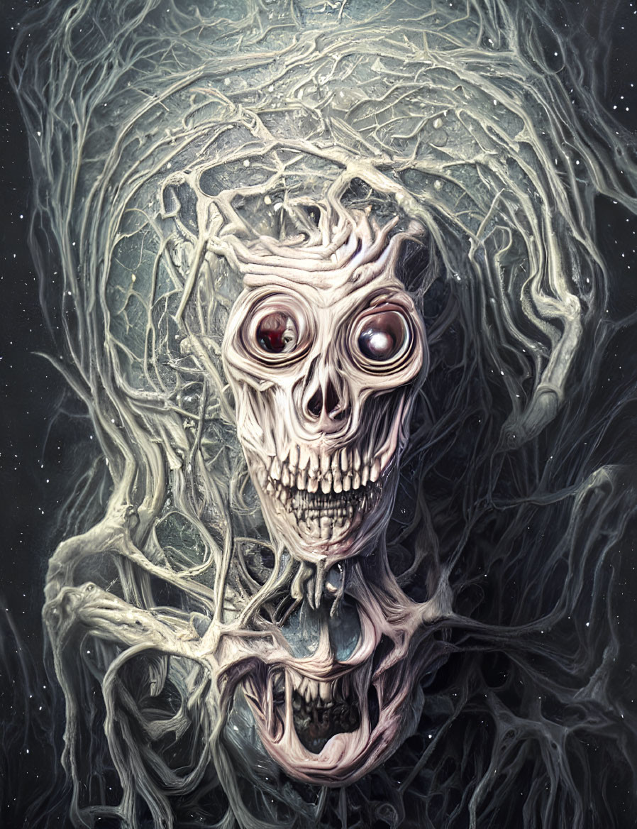 Digital artwork featuring macabre skull with red eyes in dark, tree-like structures on starry backdrop