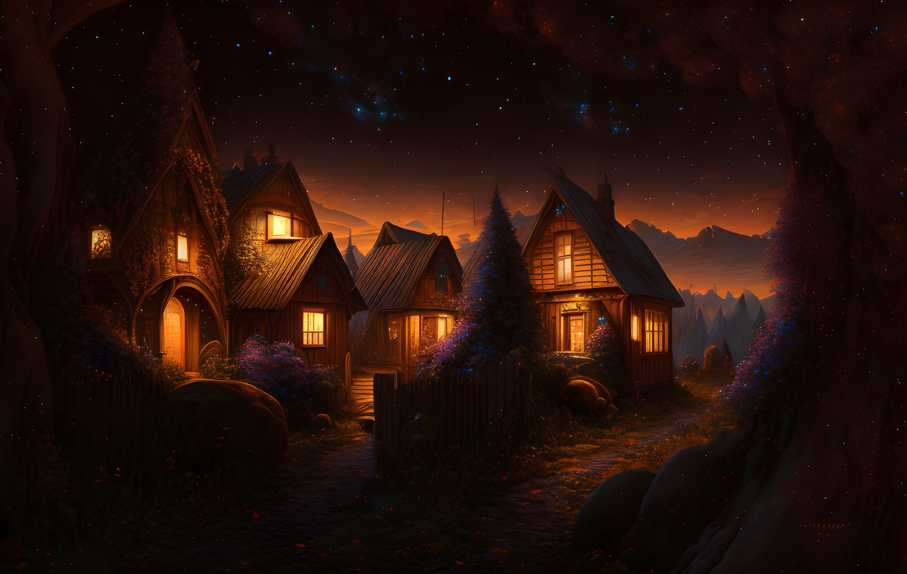 Cozy houses illuminated under starry night sky among trees