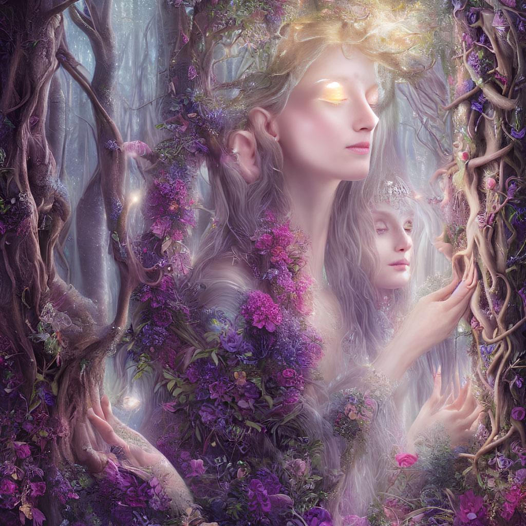 Glowing woman in mystical forest with purple flowers and twisted trees