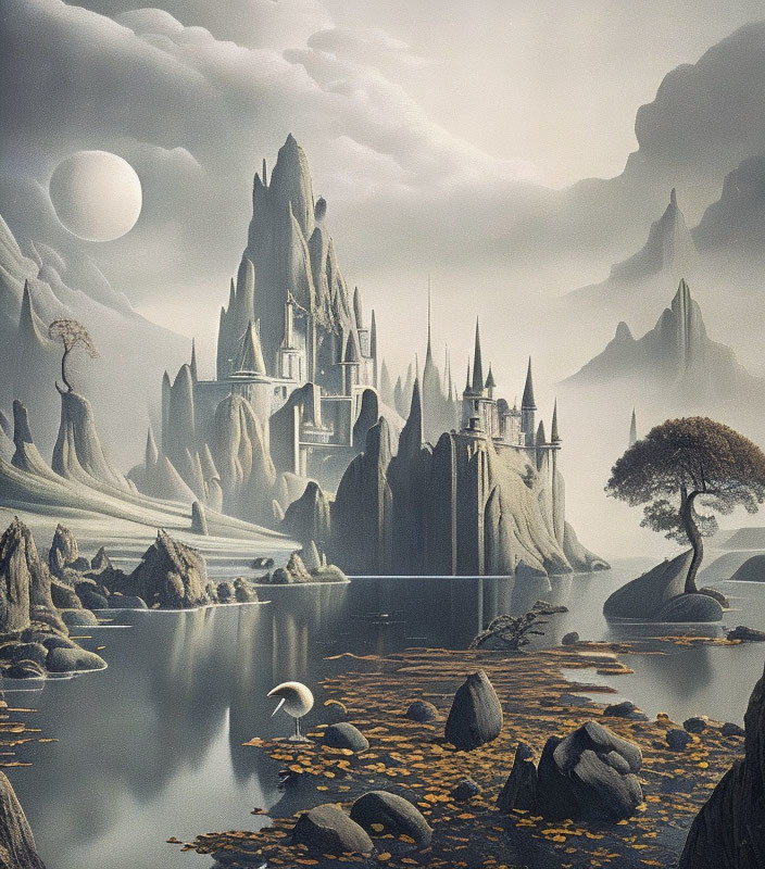 Mystical landscape with serene lake, spires, castle, and hazy sky.