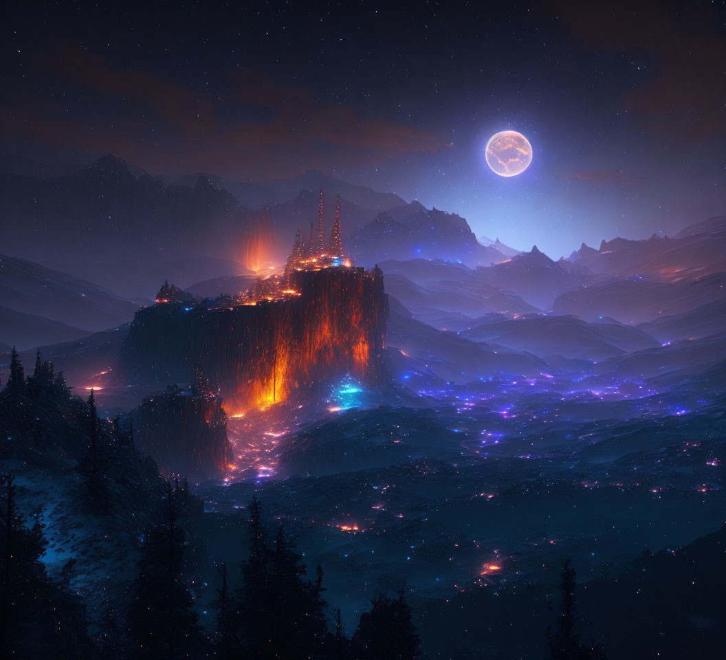 Fantastical night landscape with glowing lava mountain & illuminated trees