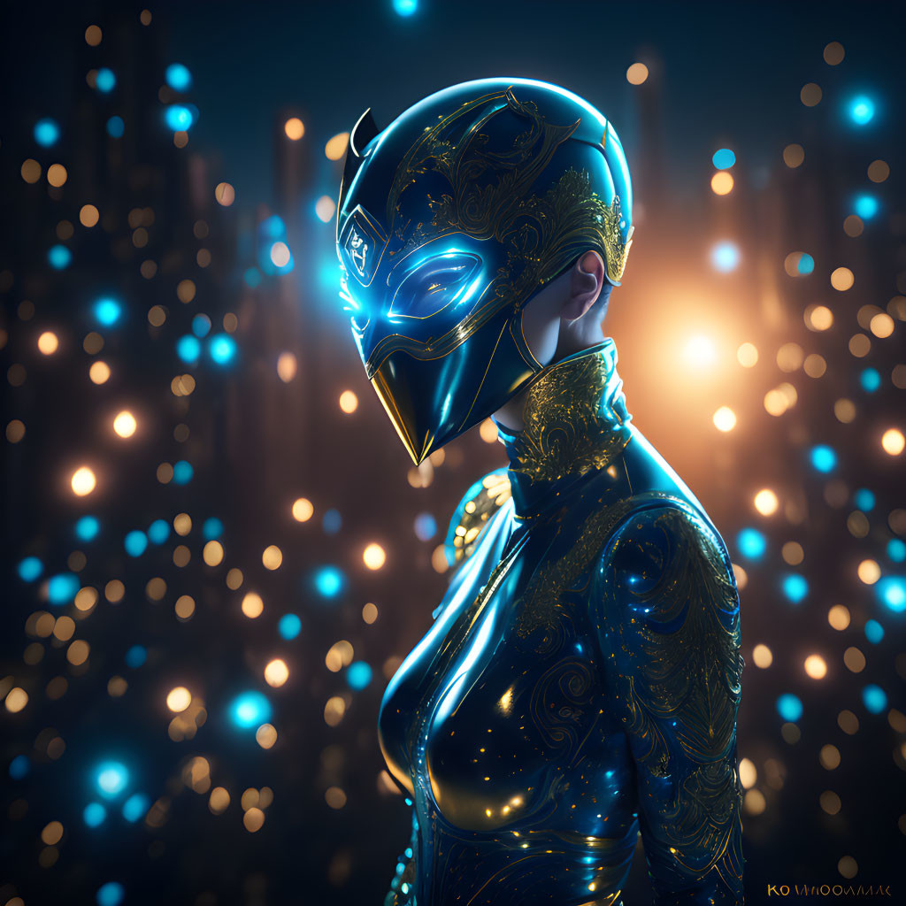 Futuristic side profile with ornate helmet and glowing lights