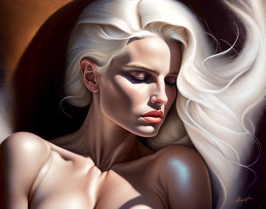 Digital artwork: Woman with white hair, red lips, contemplative expression on dark background