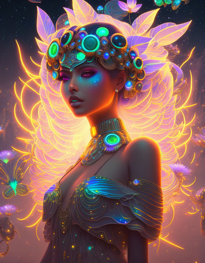 Ethereal woman with glowing floral ornaments and golden jewelry on dark background