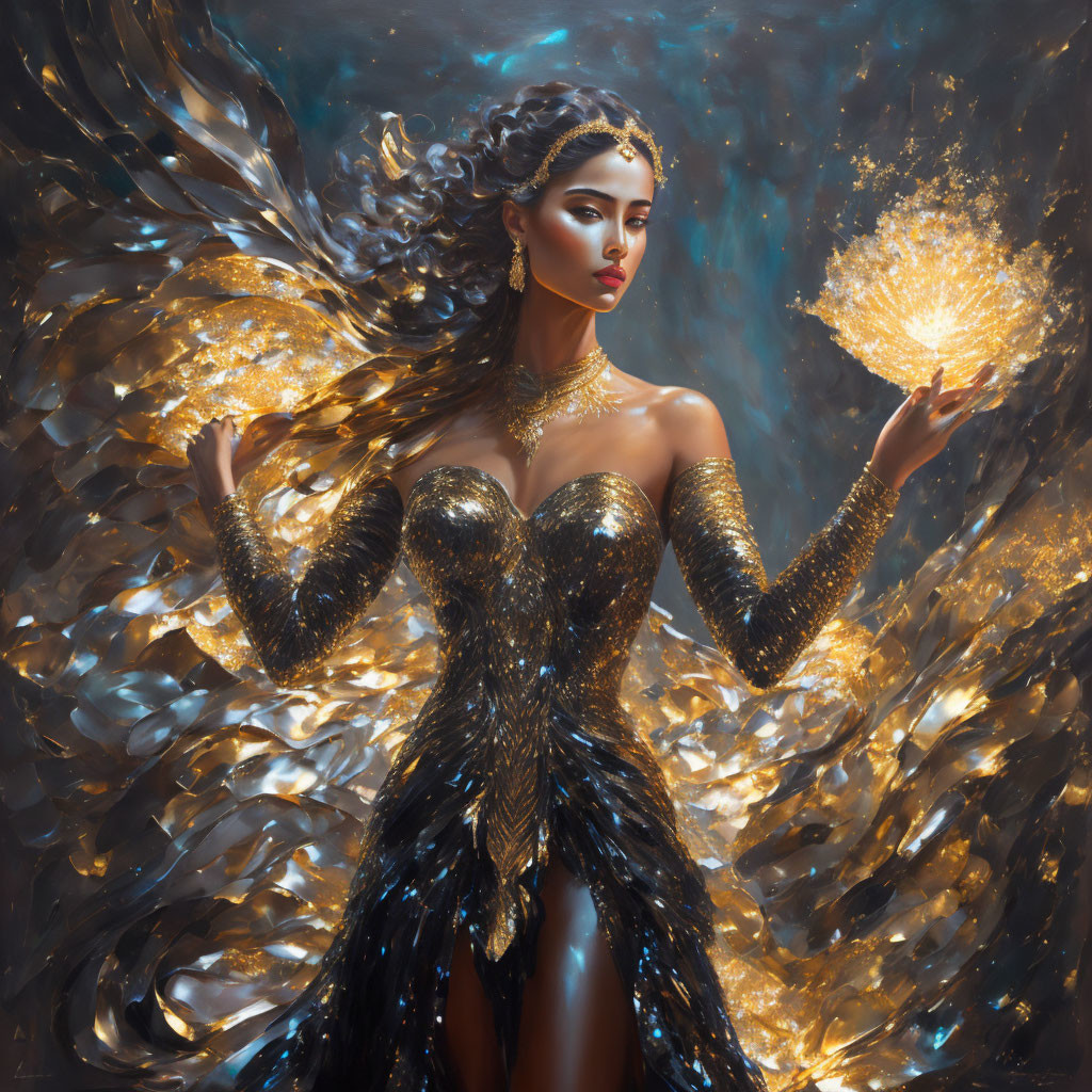 Dark-haired woman in golden gown with glowing orb amidst gold and black swirls