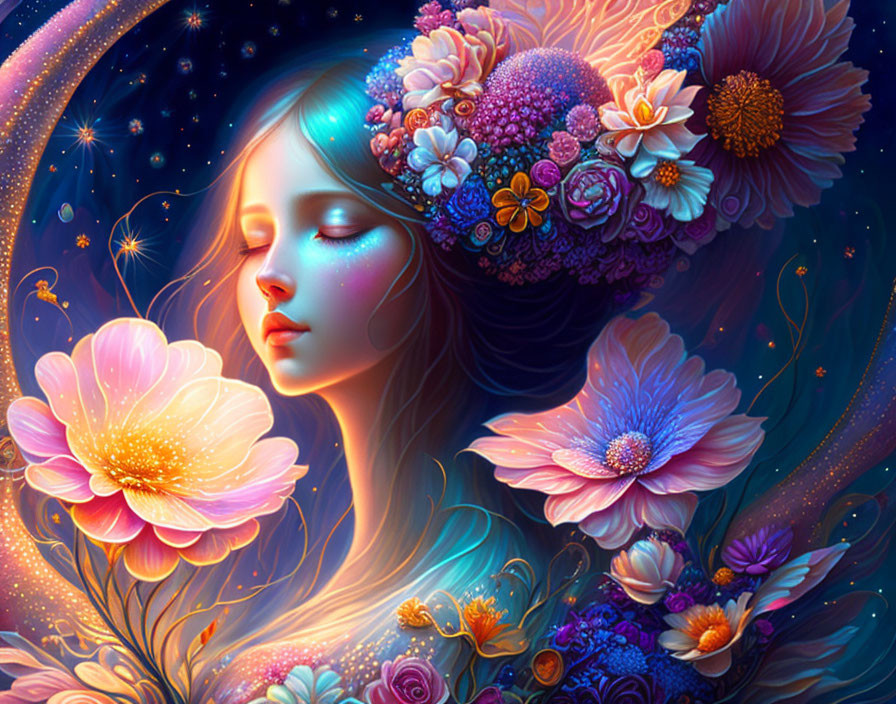 Colorful portrait of woman with flowers in hair under starry sky