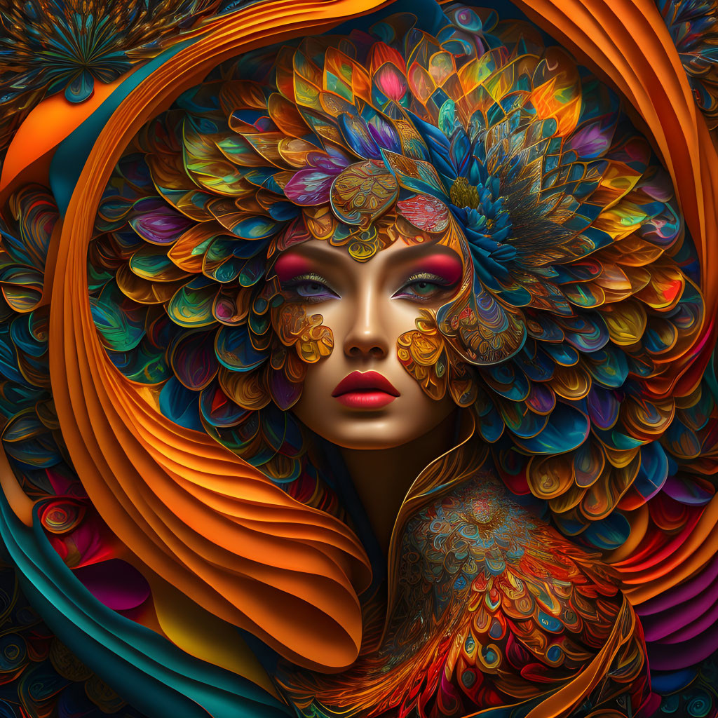 Colorful digital art: Woman in feathered headdress, orange, blue, and gold garments